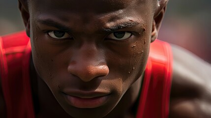 Intense gaze of a young athlete with sweat beads, focused and determined.