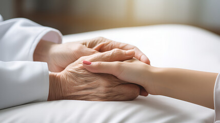 Fototapeta na wymiar Arthritis person's hand in support of a geriatric doctor or nursing caregiver.