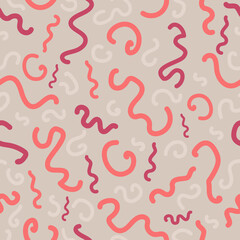 Abstract seamless pattern with curvy lines. Peach fuzz and mauve doodle lines on subtle beige background. Creative surface art texture for printing on fabric, wrapping, textile, wallpaper, apparel