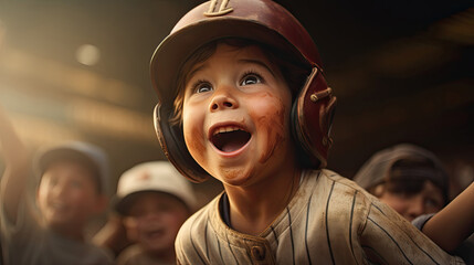 Young child in baseball gear, joyfully celebrating with team in the background. - obrazy, fototapety, plakaty