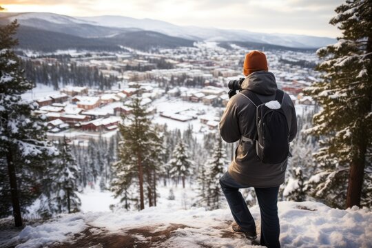  a person standing on top of a snow covered hill with a backpack on their back and a town in the background.