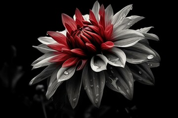 A solitary crimson dahlia blossom on a background with no color. Generative AI