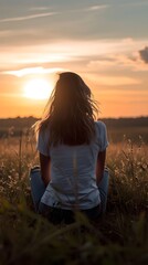 Naklejka premium Back view of a sitting white female against sunset background, background image, generative AI