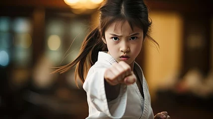 Türaufkleber Determined young girl in martial arts stance, exuding confidence. © AdriFerrer