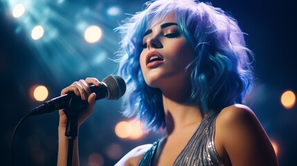 Stylish Singer with Blue Hair Performing on Stage