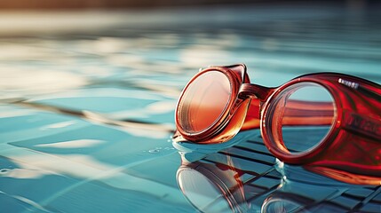 Fototapeta na wymiar Swimming goggles resting on the edge of a pool, reflecting sunlight.