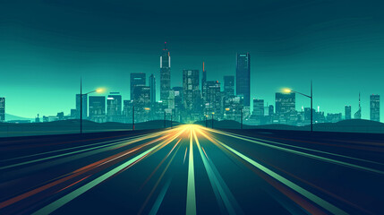 Future city on a horizon with highway road fast going to it vector abstract background metropolis skyline with speed highway road to town.