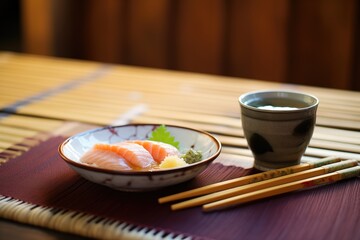 Fototapeta na wymiar sashimi combo beside a cup of sake on a bamboo mat