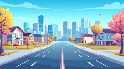 Empty modern city. City life illustration with house facades road and other urban details. 