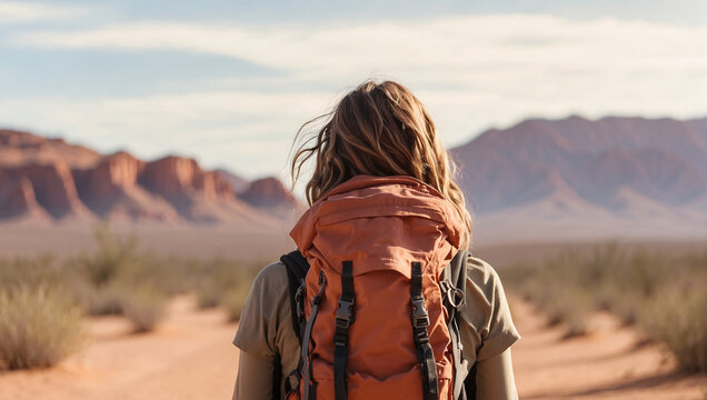 back view of a female backpacker with a desert background