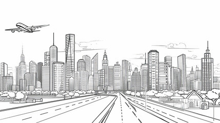 Black outlines Infrastructure illustration. Large highway in city. 