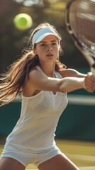 White female tennis player in action on the field, background image, generative AI
