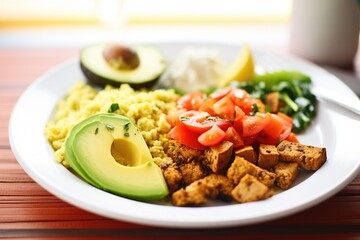 tofu scramble with vegan sausage and avocado slices