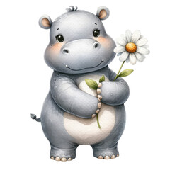 Watercolor Cute Hippo and Daisy Flowers: Perfect for Valentine's Day Clipart and Greetings. Whimsical and Charming Watercolor Illustrations: Adorable Animals with Daisy Flowers Art in Soft Pastels