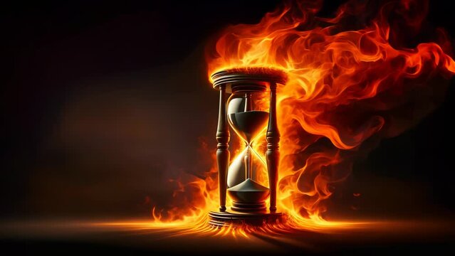 Sand clock hourglass on fire on a black background