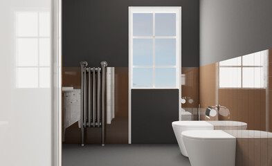 Spacious bathroom in gray tones with heated floors, freestanding tub. 3D rendering.