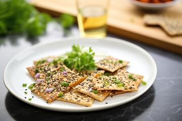 seed crackers on a ceramic dish, garnished with parsley
