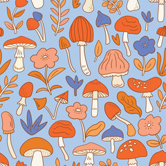 Obraz premium Vector hand-drawn mushroom seamless pattern. Natural forest seamless print design for kids fabric. Cute mushroom seamless texture.