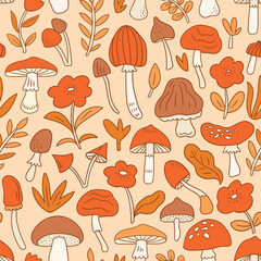 Vector hand-drawn mushroom seamless pattern. Natural forest seamless print design for kids fabric. Cute mushroom seamless texture. - 715423053