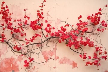  a painting of a branch with red flowers on a white wall with a pink and red paint splattered wall behind it.