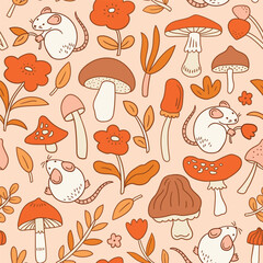 Vector hand-drawn mushroom  and mouse seamless pattern. Natural forest seamless print design for kids fabric. Cute animal seamless texture.