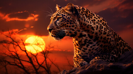portrait of a leopard at sunset 