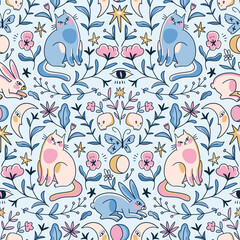 Vector whimsical seamless pattern in hand-drawn style. Halloween print design. Cute magic cats and rabbits, mystical flowers and funny skulls. Seamless pattern design for fabric ow wallpaper.  - 715423092
