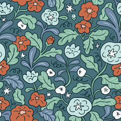 Vector mystical bouquet seamless pattern design for fabric, wallpaper or wrapping paper. Cute flowers and stars. Floral repeated background. - 715423258