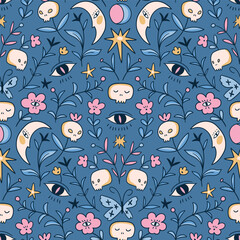 Vintage floral halloween seamless pattern design for fabric or wallpaper. Stylish blue vector pattern design. Mystical print in hand-drawn stylewith skulls and flowers.