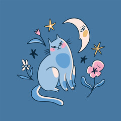 Mystical blue cat poster design. Magic card with cute cat and moon. Vector animal illustration in hnad-drawn style.