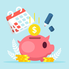 Dollar Coin and Pink Piggy bank. Planning saving money with calendar concept. Vector illustration cartoon flat design.