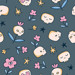Vector cute halloween seamless pattern with sugar skulls and flowers. Halloween kids party. Funny skull fabric design.  - 715423290