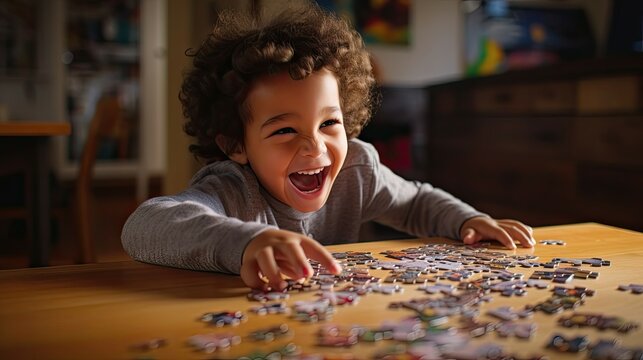 Gleeful child playing with puzzle pieces on a table, radiating joy. - Powered by Adobe
