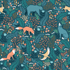 Dark fairy tale forest seamless pattern. Illustrated animals hare, wolf, bear, fox and wild flowers and plants. Vintage forest seamless pattern design for fabric or wallpaper.  - 715423404