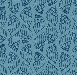 Vector sea shell silhouette seamless pattern. Ocean underwater aquatic mollusk in line hand-drawn style. Sea spiral snail seamless texture