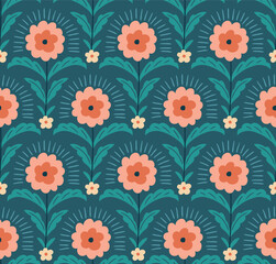 Folk floral seamless pattern in turquoise  colors. Traditional flower fabric design in Indian style. Decorative flowers in rhombuses. Vector botanical seamless print.