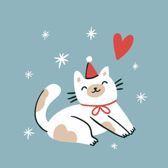Vector santa cat illustration. Cute cat with heart and snowflakes. Vector merry christmas card design. New year greeting card  - 715423470