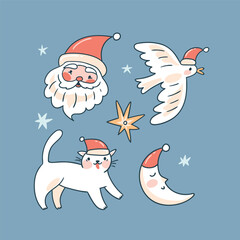 New year sticker  set with Santa Claus, cat, bird and moon. Vector Christmas design elements. Seasonal winter greetings  - 715423473