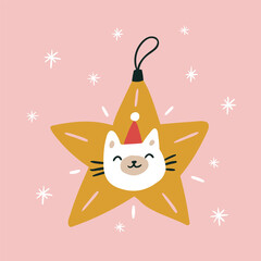 Christmas decoration with funny cat. Vector greeting card design. Happy new year illustration.  - 715423488