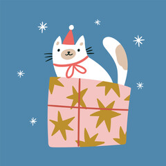 Vector santa cat illustration. Cute cat with gift box and snowflakes. Vector merry christmas card design. New year greeting card  - 715423489