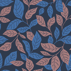Vector seamless leaves pattern. Branches on dark background. Stylish natural seamless print design for fabric, wallpaper or wrapping paper. - 715423492