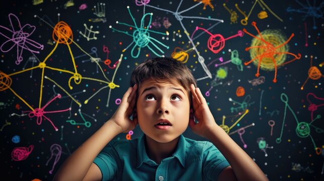 Boy amazed by colorful, imaginative illustrations of science concepts.
