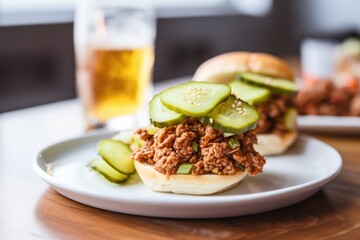 sloppy joe with pickled cucumber slices on the side