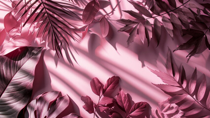 A monochromatic image of tropical leaves in various shades of pink purple with soft shadows on a matching background top view overhead