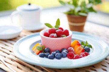 raspberry sorbet with fresh berries in a ceramic dish