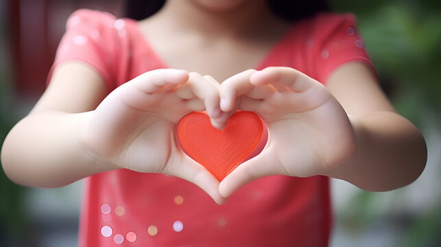 
kid holding the shape of the heart.close up image