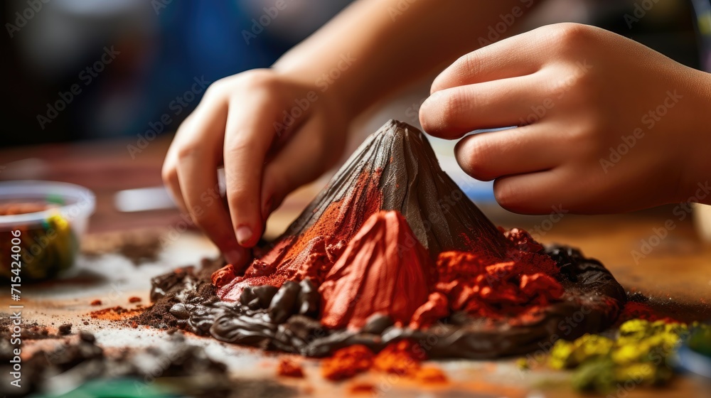 Wall mural child's hands creating a colorful volcano in a science project.