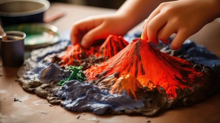 Close-up of a child's hands creating a model of an erupting volcano.