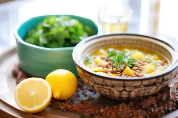 moroccan harira with chickpeas and lentils, in an ornate bowl, lemon slice on side