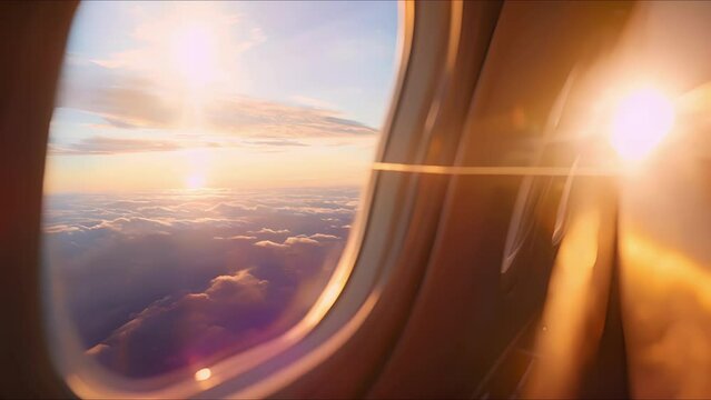 From the comfort of your private jet, take in the breathtaking shades of a beautiful sunset as seen from the luxurious cabin window.